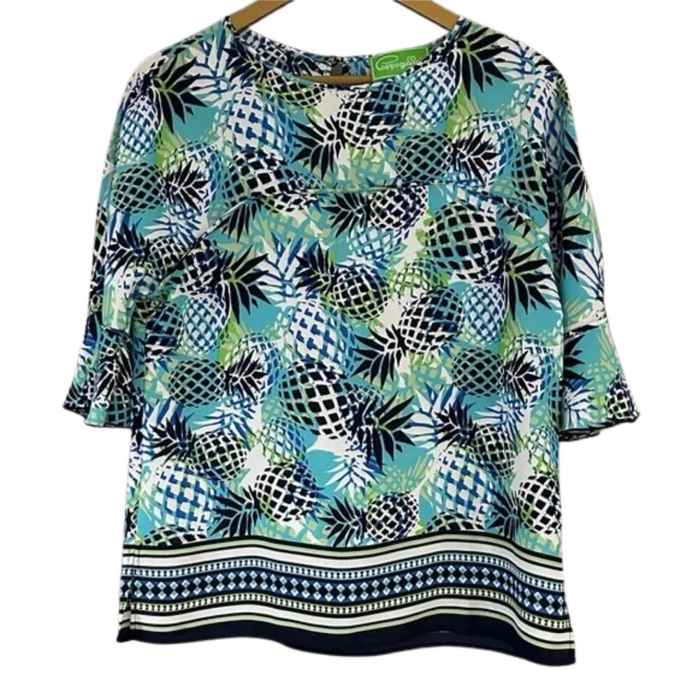 Pappagallo Pineapple Print Blouse Aqua Navy Tropical Summer Top
